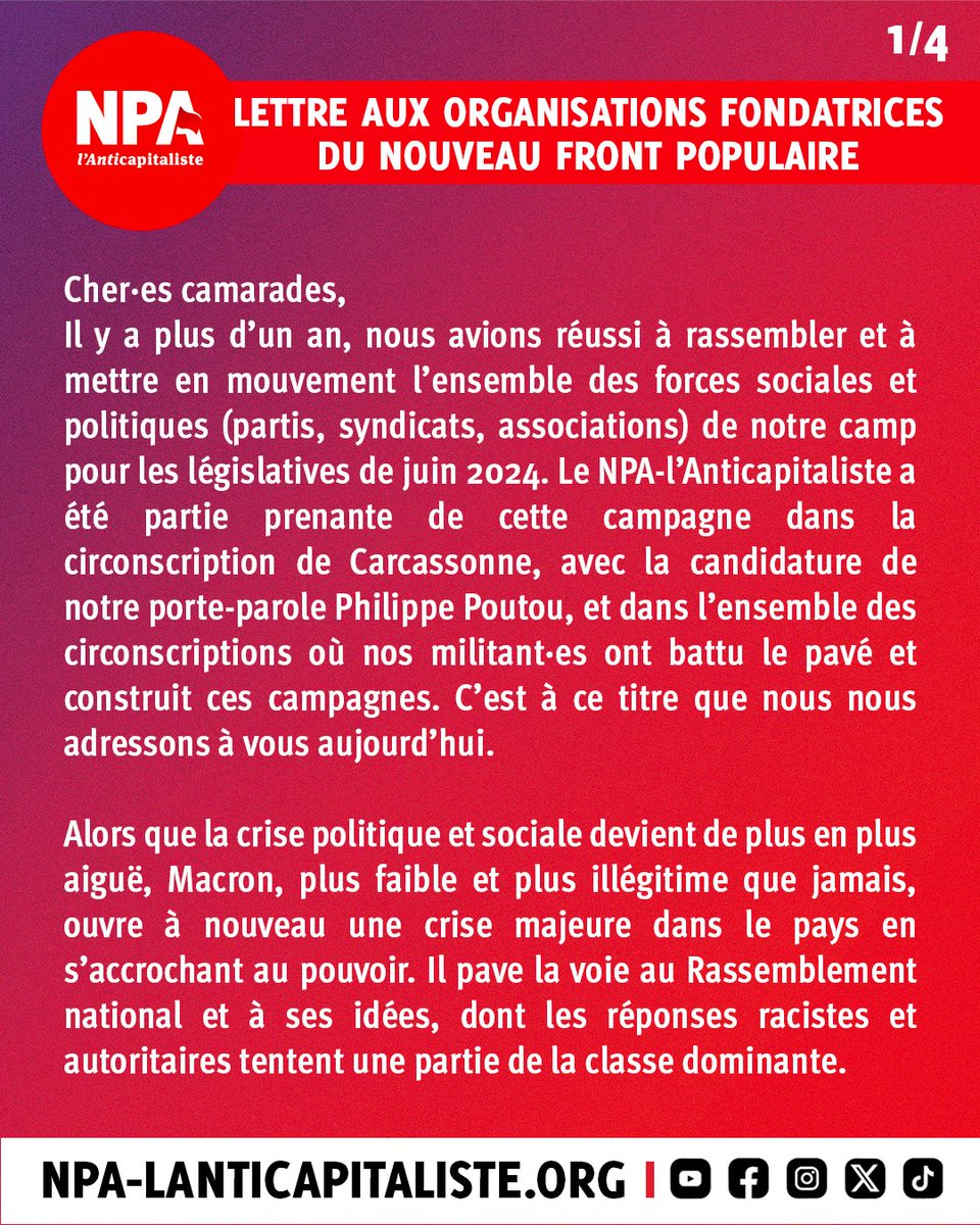 🔴Lettre du NPA aux organisations fondatrices du Nouveau Front Populaire ⤵️
"Plutôt que de diviser les forces, il est au contraire indispensable de faire renaître la dynamique du Nouveau Front populaire qui rassemble le social et le politique. Faire le choix de rassembler une