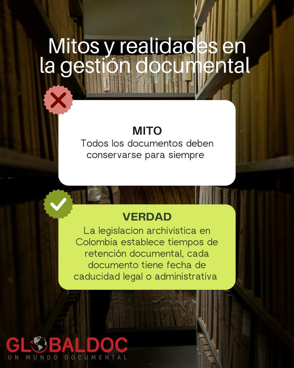 GLOBALDoc2's tweet image. 📚 MITOS SOBRE LA LEGISLACIÓN ARCHIVÍSTICA 📂
¡Es hora de desmentir algunas creencias comunes! 👇

⚖️ Conocer y aplicar la legislación archivística garantiza transparencia, rendición de cuentas y protección del patrimonio documental. ¡Infórmate y rompe los mitos!