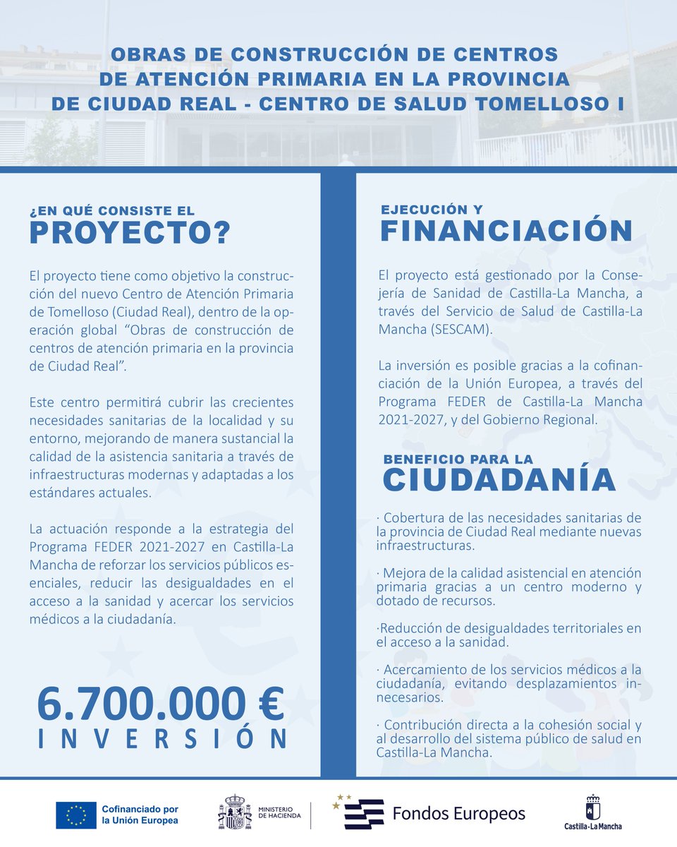 🏥La nueva infraestructura sanitaria de Tomelloso ya es una realidad

#FEDER impulsa servicios públicos modernos, accesibles y sostenibles para mejorar la atención sanitaria

💙Un paso más hacia una red asistencial cercana y cohesionada

<a href="/SanidadCLM/">Sanidad CLM</a> <a href="/Ayto_Tomelloso/">Ayuntamiento Tomelloso</a> <a href="/DiputacionCR/">Diputación de C.Real</a>