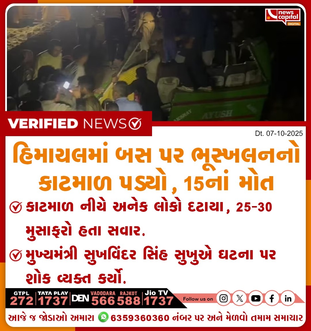 NewsCapitalGJ's tweet photo. હિમાચલમાં બસ પર ભૂસ્ખલનનો કાટમાળ પડ્યો, 15નાં મોત..
#HimachalPradesh #BusAccident #LandslideTragedy #15Dead #RoadDisaster #HPNews #NaturalDisaster https://t.co/O7yksVDKTu