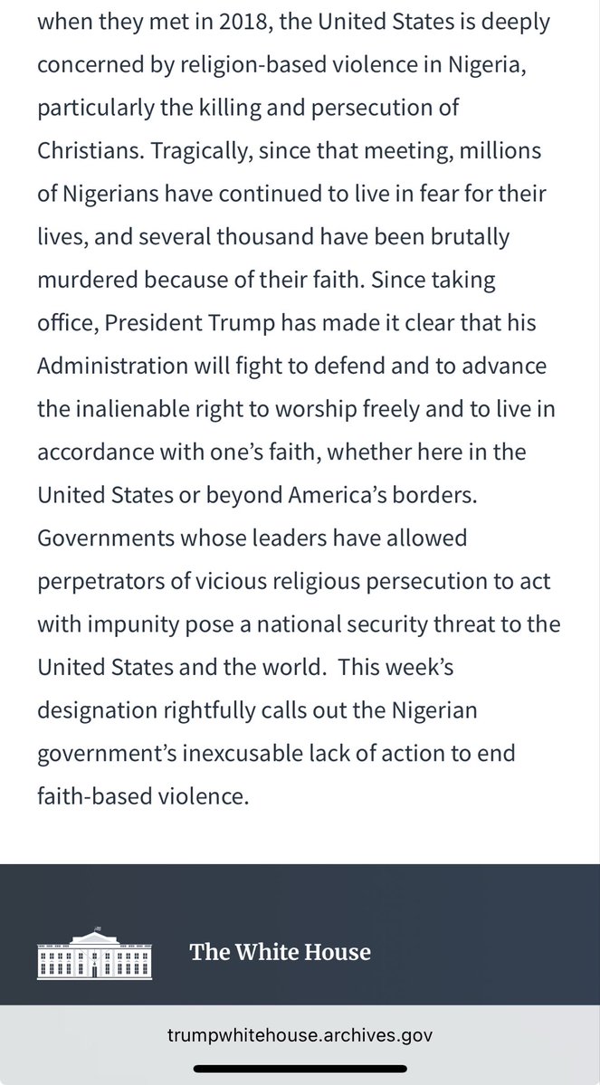 YleemPoblete's tweet image. In December 2020, under President Trump (then @POTUS45), the U.S. designated Nigeria “a Country of Particular Concern” (CPC) “for severe violations of religious freedom.”

The 12/11/2020 @WhiteHouse statement affirmed: 

“President Trump has made it clear that his Administration…