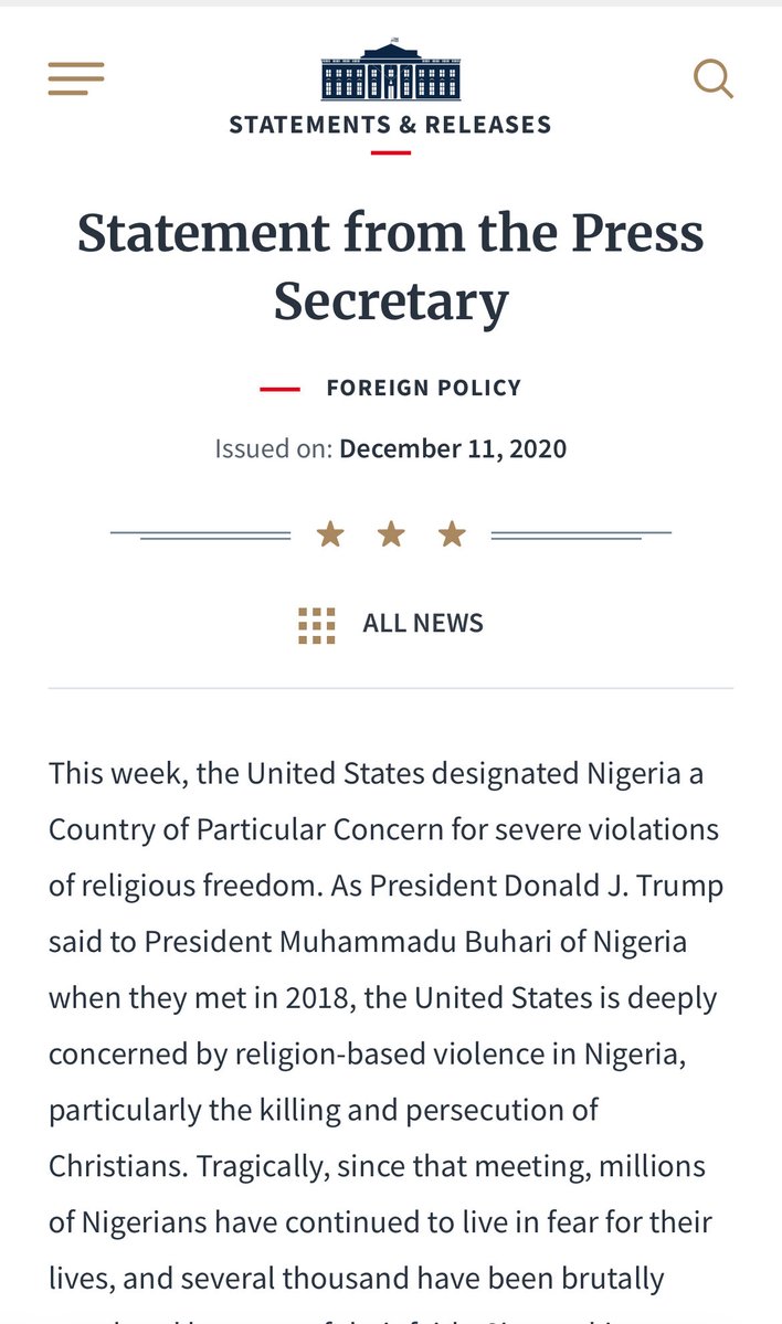 YleemPoblete's tweet image. In December 2020, under President Trump (then @POTUS45), the U.S. designated Nigeria “a Country of Particular Concern” (CPC) “for severe violations of religious freedom.”

The 12/11/2020 @WhiteHouse statement affirmed: 

“President Trump has made it clear that his Administration…