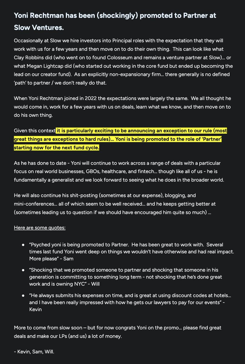 slow's tweet image. We're excited (and shocked) to announce that @yrechtman is being promoted to Partner.
As an explicitly non-expansionary firm there generally is no defined ‘path’ to partner / we don’t really do that. But most great things are exceptions to hard rules