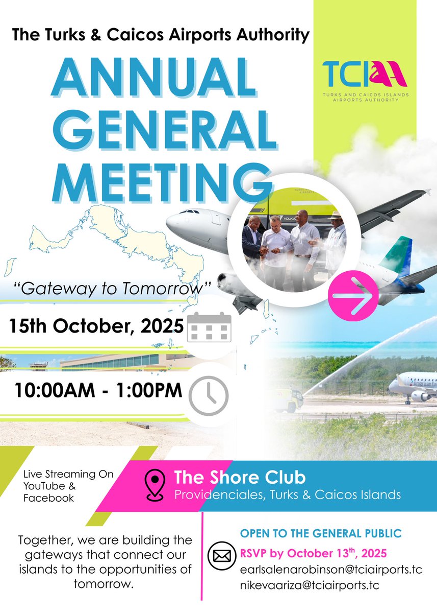 It’s that time again! Join us on October 15th, 2025 at The Shore Club, for TCIAA's Annual General Meeting. This event is open to the public so come be part of the conversation as we reflect on our achievements and share what’s next for our airports. #TCIAA #TurksandCaicos