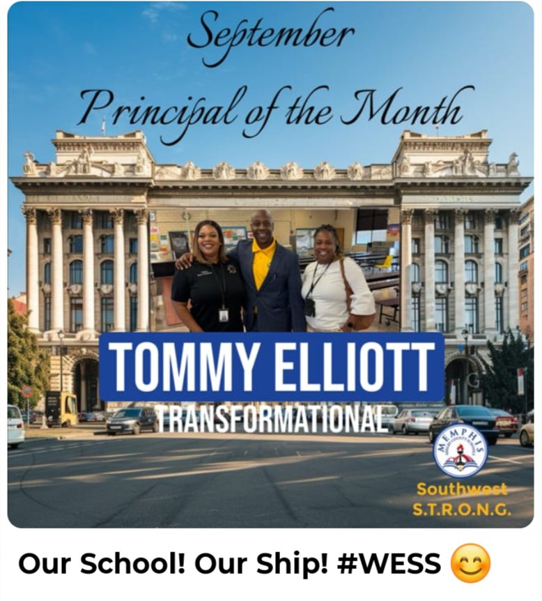 Congratulations to the Best Principal ever, our very own Ironman, Principal Tommy Elliott! M-SCS Southwest Region Principal of the Month-Elementary, for the month of September! 💛💙💛💙
#WESSisTheBest #OurSchoolOurShip
#LeaderInSTEM
<a href="/MSCSK12/">Memphis-Shelby Co. Schools</a>
<a href="/SCSOptional/">MSCS OPTIONAL SCHOOLS & ADVANCED ACADEMICS</a> 
<a href="/STEMelliott/">Tommy Elliott- STEMulating the Future</a> 
<a href="/theTSIN/">Tennessee STEM Innovation Network</a>