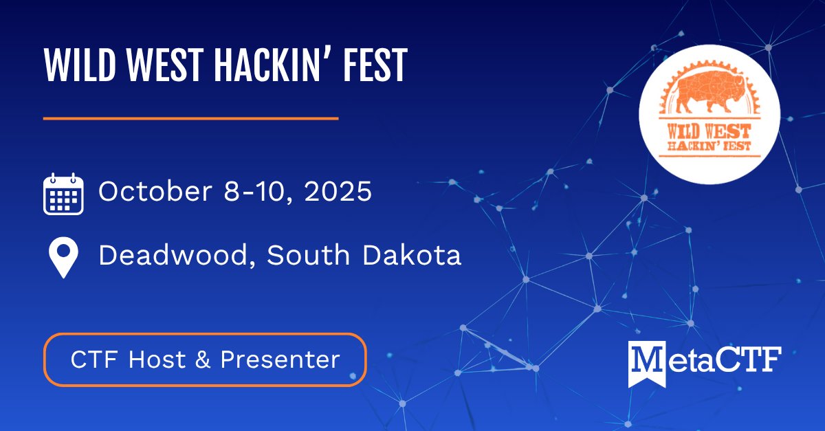 MetaCTF's tweet image. We're back again at the @WWHackinFest
@MetaCTF's co-founder and CEO, Roman Bohuk, will be running an Intro to CTFs workshop.
See you there 😁