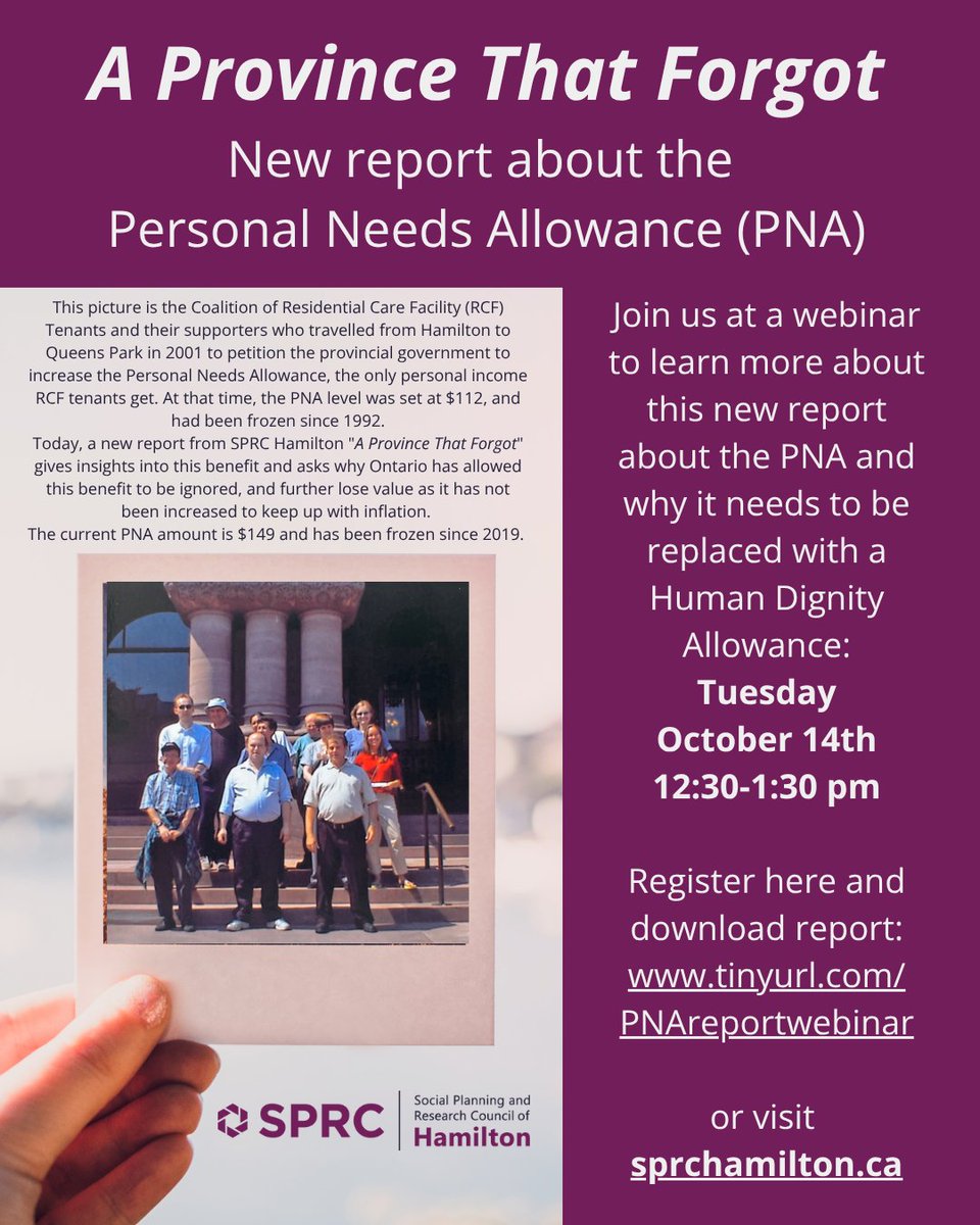 Webinar on "A Province That Forgot" report about the Personal Needs Allowance for tenants of residential care facilities, with Sara Mayo (SPRC) &amp; Kendal David (Carleton University)
Tuesday October 14th 12:30-1:30 pm
Register here and download the report: tinyurl.com/PNAreportwebin…