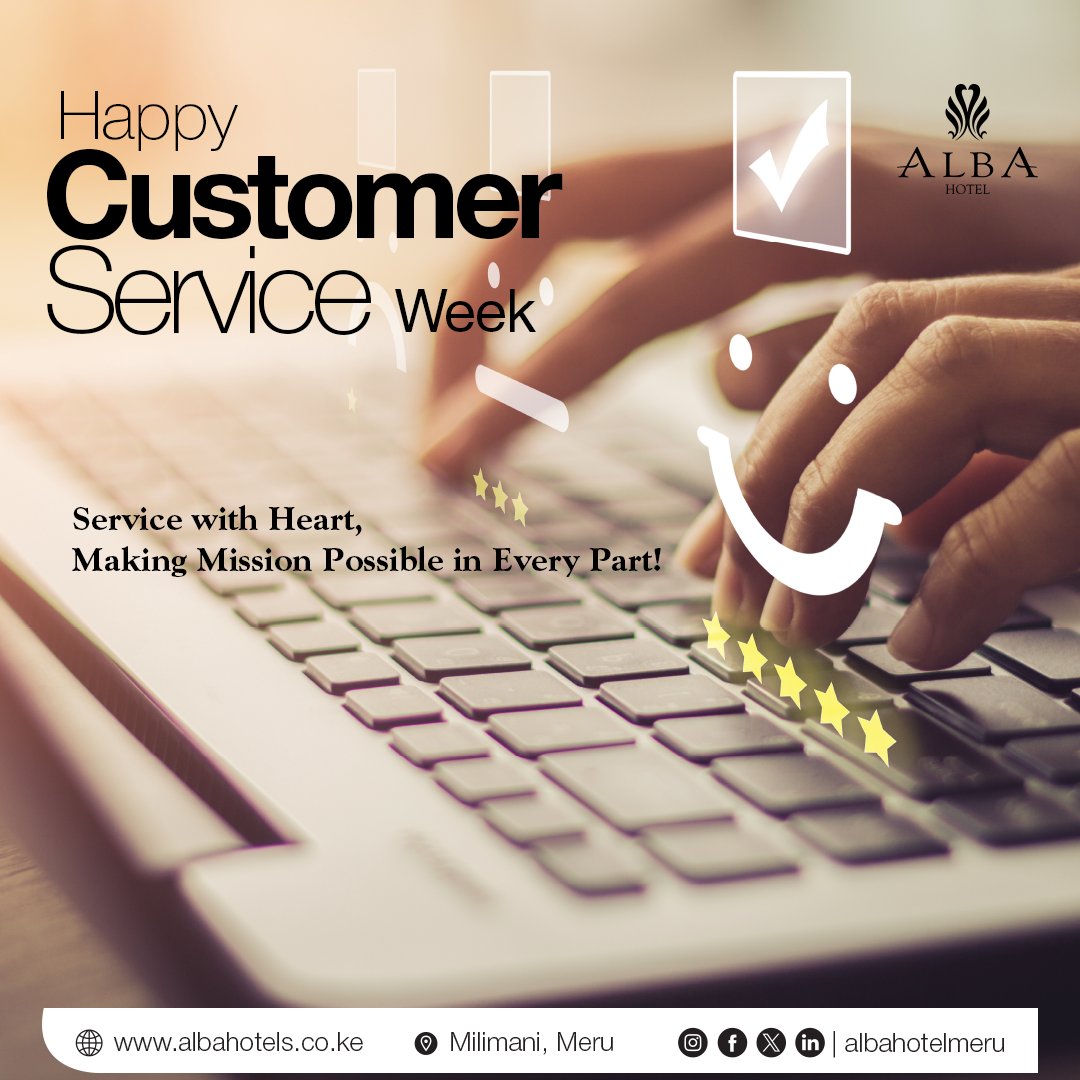Happy Customer Service Week!
Each gesture, each glance, a pledge we renew,
To make every moment unforgettable for you. ✨
At Alba Hotel Meru, service beyond measure is our mission made possible. 🎖️💫

#CustomerServiceWeek #MissionPossible #TeamAlba #HospitalityExcellence #CSW2025