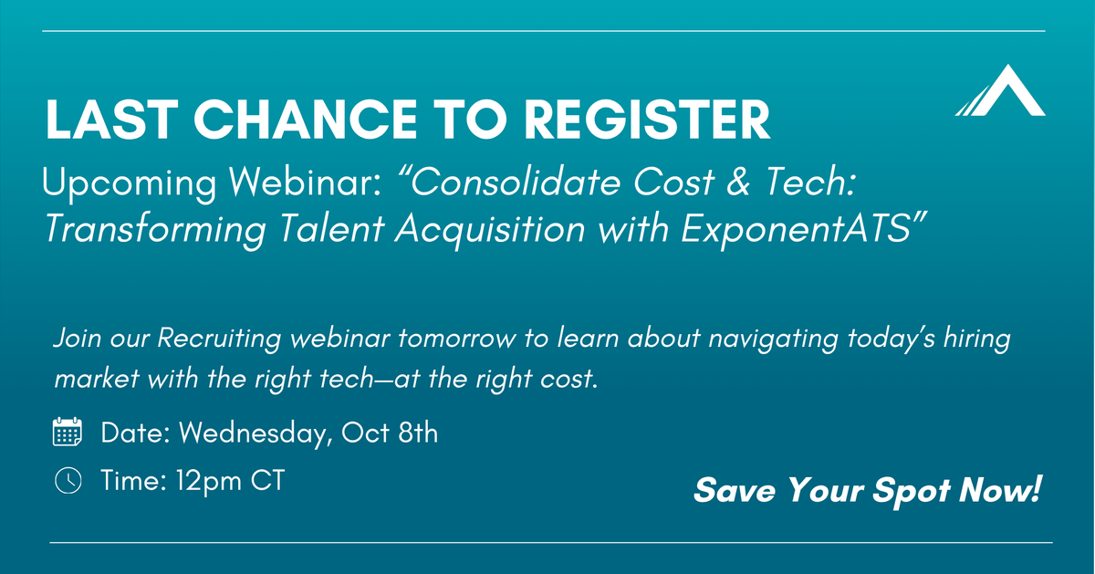 exponenthr's tweet image. WEBINAR TOMORROW!
Last Chance to Register for &quot;Consolidate Cost &amp;amp; Tech: Transforming Talent Acquisition with ExponentATS&quot;
us02web.zoom.us/webinar/regist…
Date: Tomorrow, Oct 8th
Time: 10 am PT / 11 am MT / 12 pm CT / 1 pm ET
#ApplicantTracking #Webinar #ExponentHR