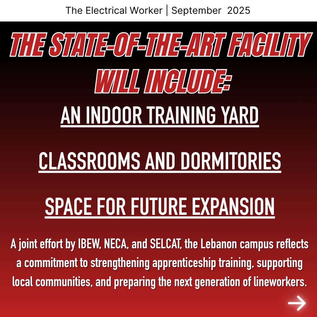 📍 Coming Soon: Tennessee
A state-of-the-art Lineworker Training Center is set to open next year, complete with an indoor training yard, classrooms, dormitories, and space for future expansion.

ibew.org/electrical_wor…

#IBEW #UnionProud #IBEWStrong #TheElectricalWorker