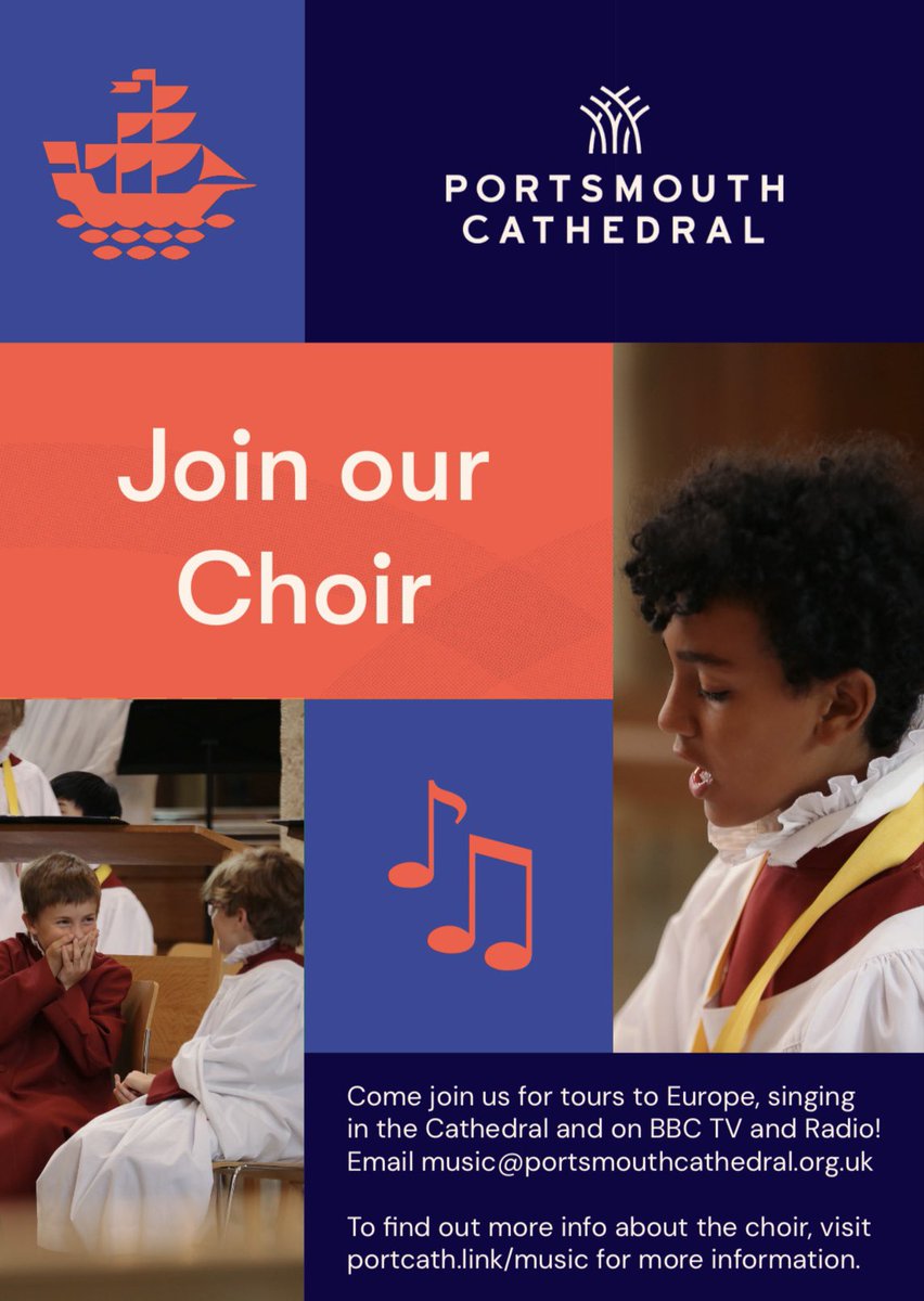 We’re holding two taster sessions for new Cathedral Choristers after Half Term

Monday 10 for Boys Year 2-7
Thursday 14 for Girls Year 3-8

Email us for further information on music@portsmouthcathedral.org.uk or sign up here 
portsmouthcathedral.churchsuite.com/-/forms/javxpw…