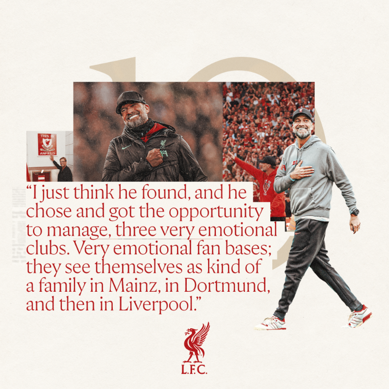 LFC's tweet photo. Adored and admired at Liverpool FC for his character and his achievements, Jürgen Klopp gained the respect of those he opposed as the manager at Anfield too. 💬