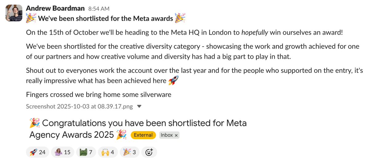 We’ve been shortlisted for the Meta Agency Awards 2025.

Huge moment for the team.

We’ve been nominated in the Creative Diversity category, spotlighting the work and growth we’ve achieved with one of our partners, and how creative volume and variation has driven that success.