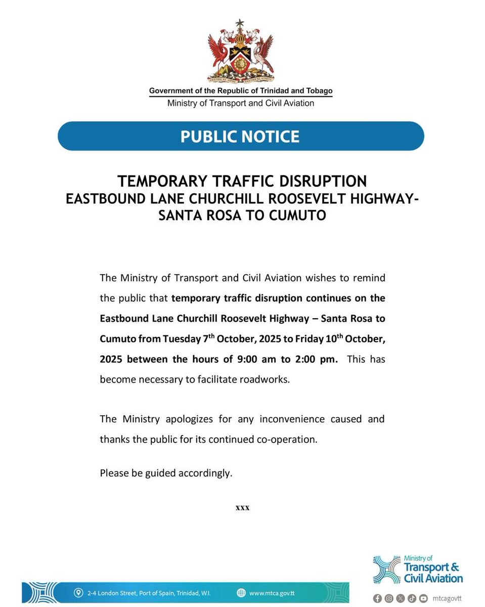 This public notice from the Ministry of Transport and Civil Aviation cites mtca.gov.tt as its website address which currently still leads you to the Ministry of Tourism, Culture and the Arts!