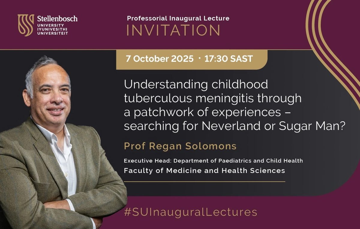Join us right now for the inaugural lecture of Prof Regan Solomons
“Understanding childhood tuberculous meningitis through a patchwork of experiences: searching for Neverland or Sugar Man?”

Watch the livestream now:
youtube.com/live/5RjAhTqFs…