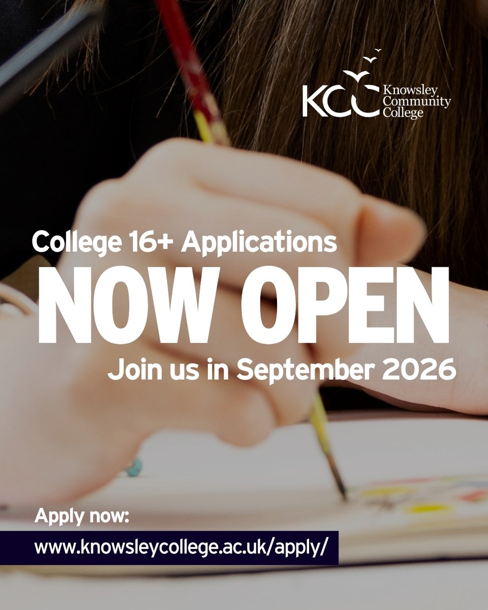 🌟📣 Applications for September 2026 are Now Open! 📣🌟

If you're a School Leaver and aged 16-18, take the first exciting step toward your future - choose Knowsley Community College and start your journey to success today.

Apply now! 📩 bit.ly/4o5Y9rR