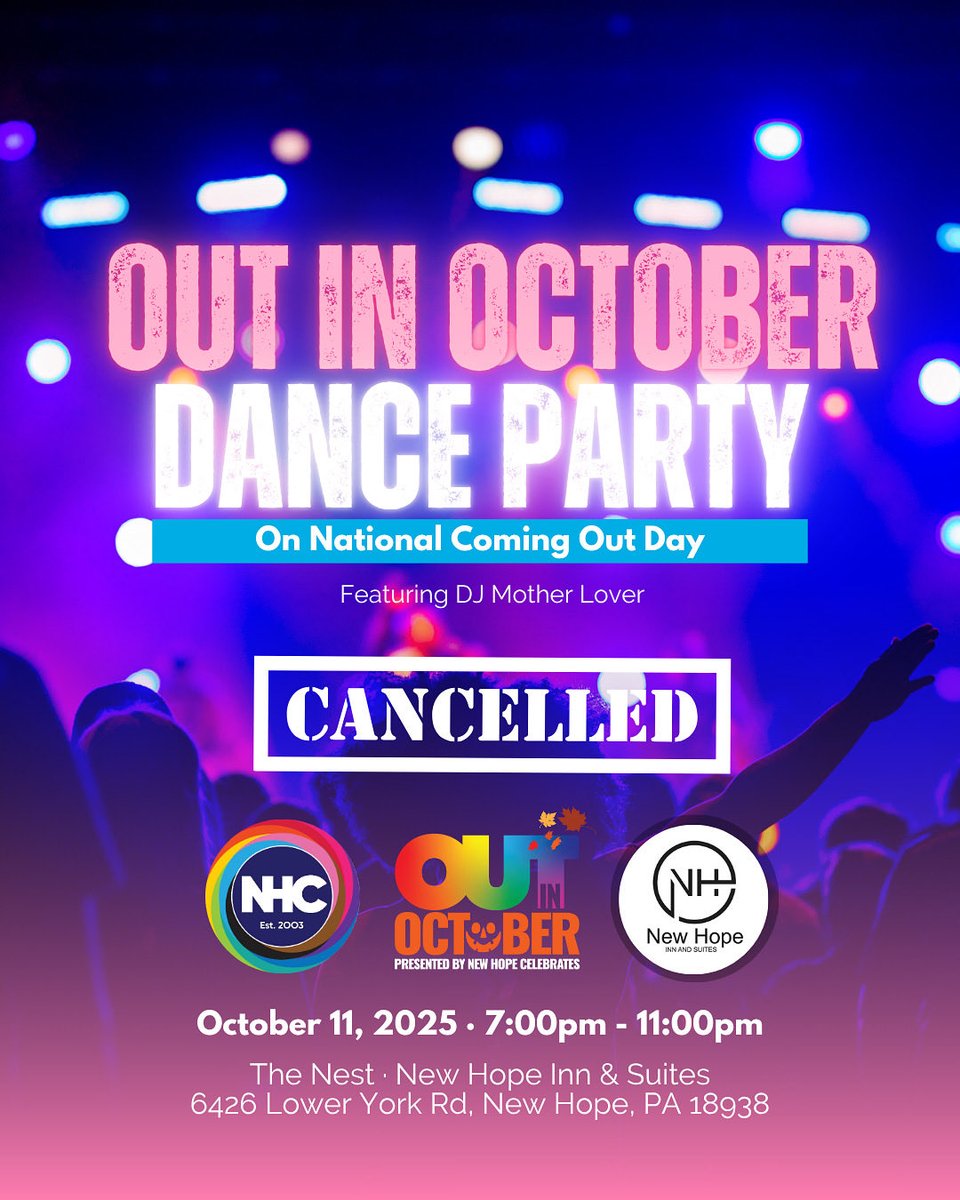 We regret to share that our Dance Party has been canceled 💞

If you purchased a ticket, refunds will be issued through Eventbrite 🎟️

Take a look at our other #OUTinOctober events to celebrate #LGBTQHistoryMonth 🌈

newhopecelebrates.com/events-calendar 🗓️

#NewHopeCelebrates #EventsCalendar