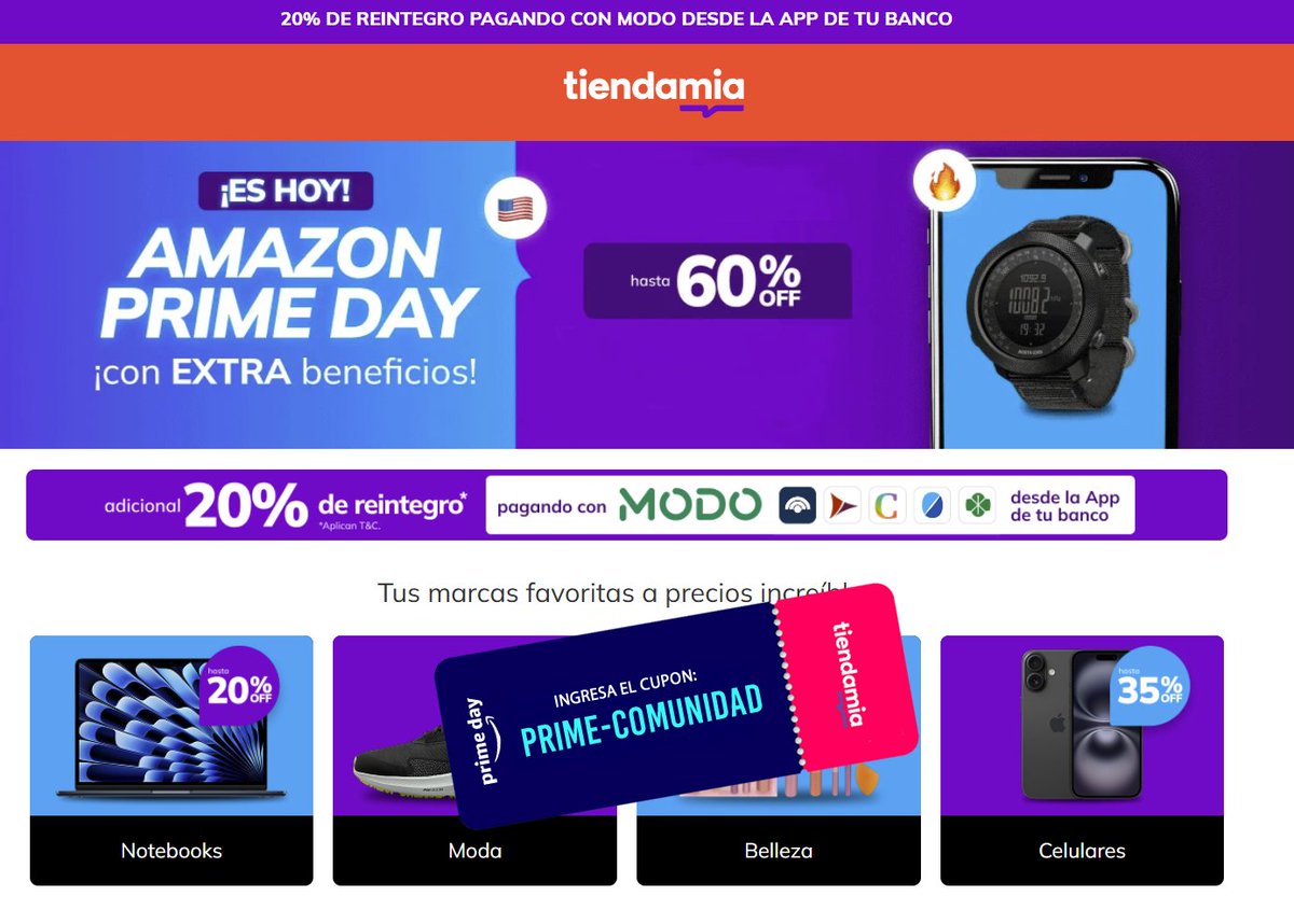 CuponTiendaMia's tweet image. 🚨 ¡ATENCION ARGENTINA! 🇦🇷 

🔥 MEGA CUPÓN DESCUENTO #PRIMEDAY + 20% EXTRA CON MODO X 48 HORAS ⏰!

🎁 Ingresa el Cupón: PRIME-COMUNIDAD y desbloquea el MÁXIMO DESCUENTO SIN MINIMO NI TOPE — para nuevos o usuarios recurrentes🤯

🔥 Pagando con MODO tenés un reintegro del 20% al