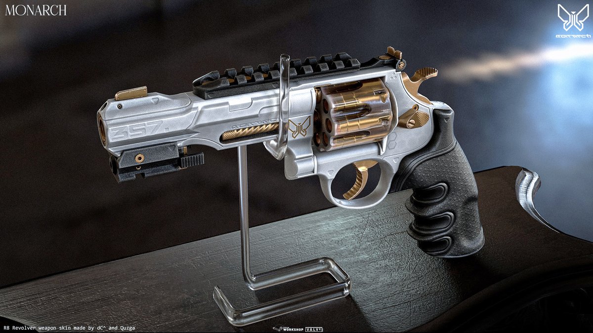 Quzga_'s tweet image. R8 Monarch, a high status revolver reserved to execs who’ve earned their own floor and a private elevator!  
Made with @dcworkshopdc for @CounterStrike

Inspired by styles from Deus ex and Cyberpunk
