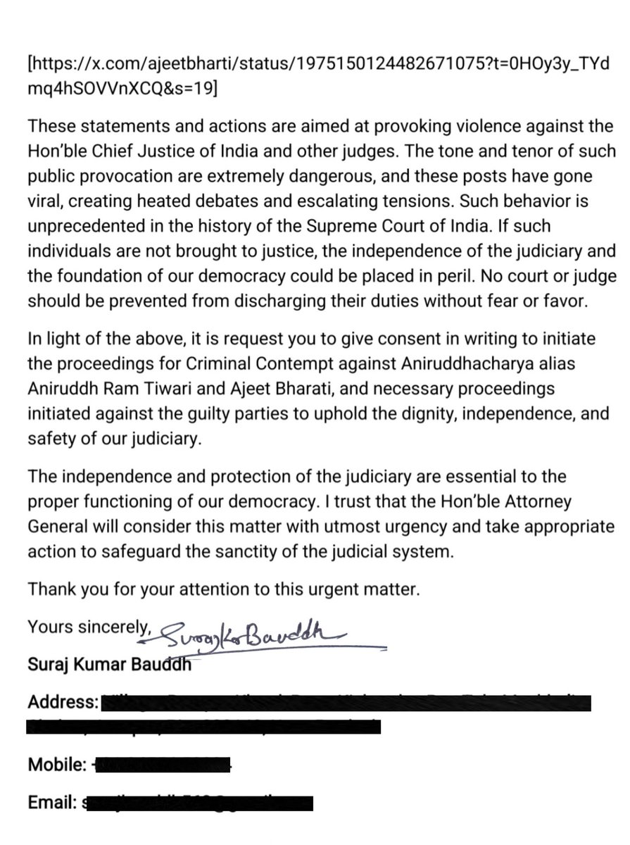 The petition seeking contempt action against Aniruddhacharya and Ajeet Bharati for allegedly inciting the bid to attack CJI BR Gavai was filed by Suraj Kumar Bauddh <a href="/SurajKrBauddh/">Suraj Kumar Bauddh</a>, Founder of <a href="/MissionAmbedkar/">Mission Ambedkar</a>