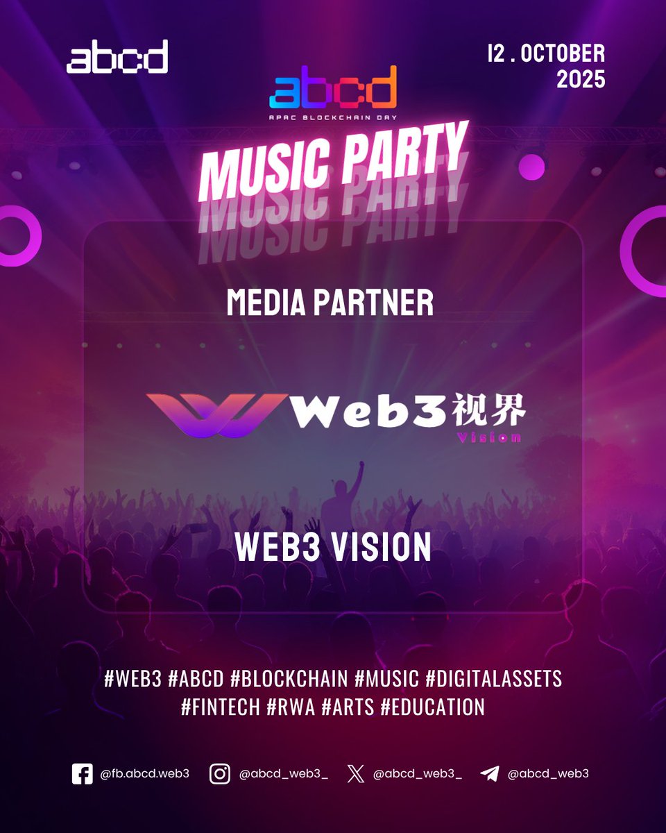 abcd_web3_'s tweet image. 👁️✨ Expanding the view of Web3 — with Web3 Vision! ✨👁️

We’re thrilled to announce @Web3Vision (Web3视界) as one of our Media Partners for the abcd Music Party, happening on October 12, 2025! 🎶🔥

As a leading voice shaping the future of blockchain media, Web3 Vision connects…