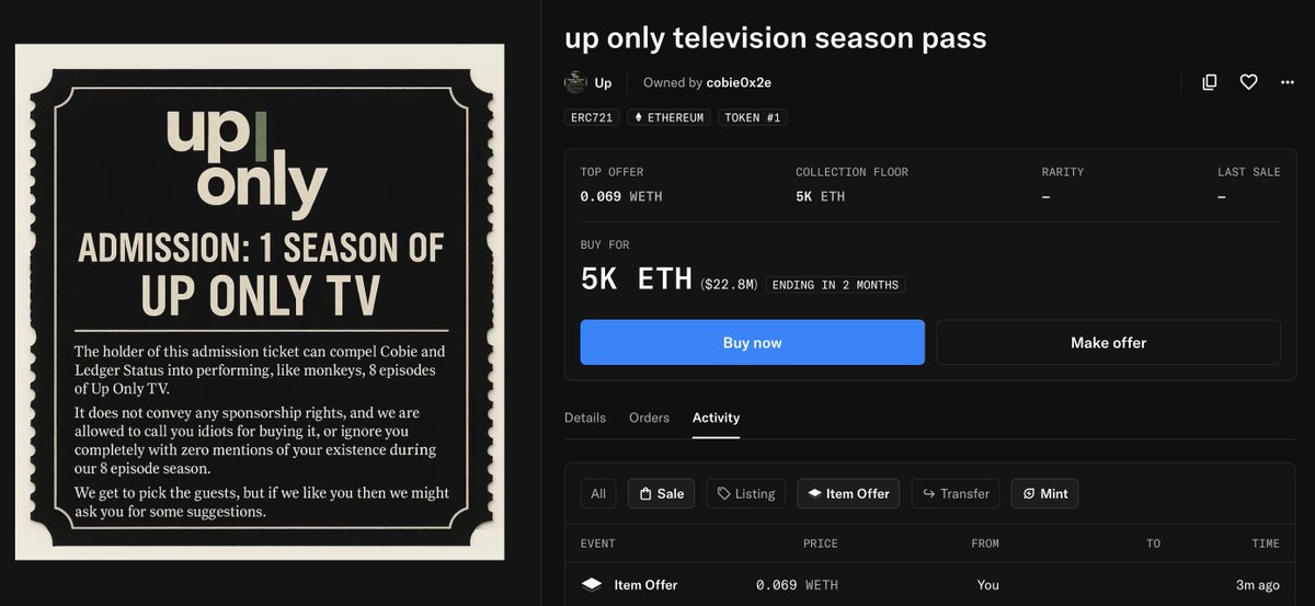 Sugartown has made a strategic offer of .069 wETH to bring back Up Only.

This offer expires in 24 hours, we look forward to <a href="/cobie/">Cobie</a>'s response.