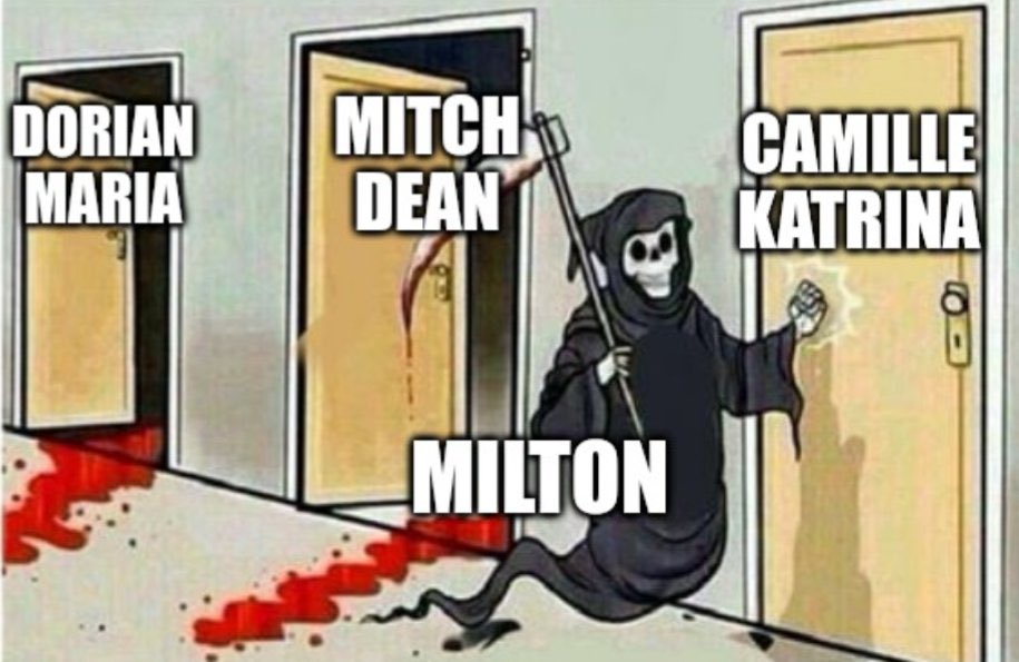 1 year ago, we were watching records fall in real time. Hurricane MILTON plunged in pressure, surpassing DORIAN first, then MARIA, then MITCH, then KATRINA, then CAMILLE.

It bottomed out at 895 mb, with winds of 155 kts (180 mph) — the 4th-most intense Atlantic hurricane on