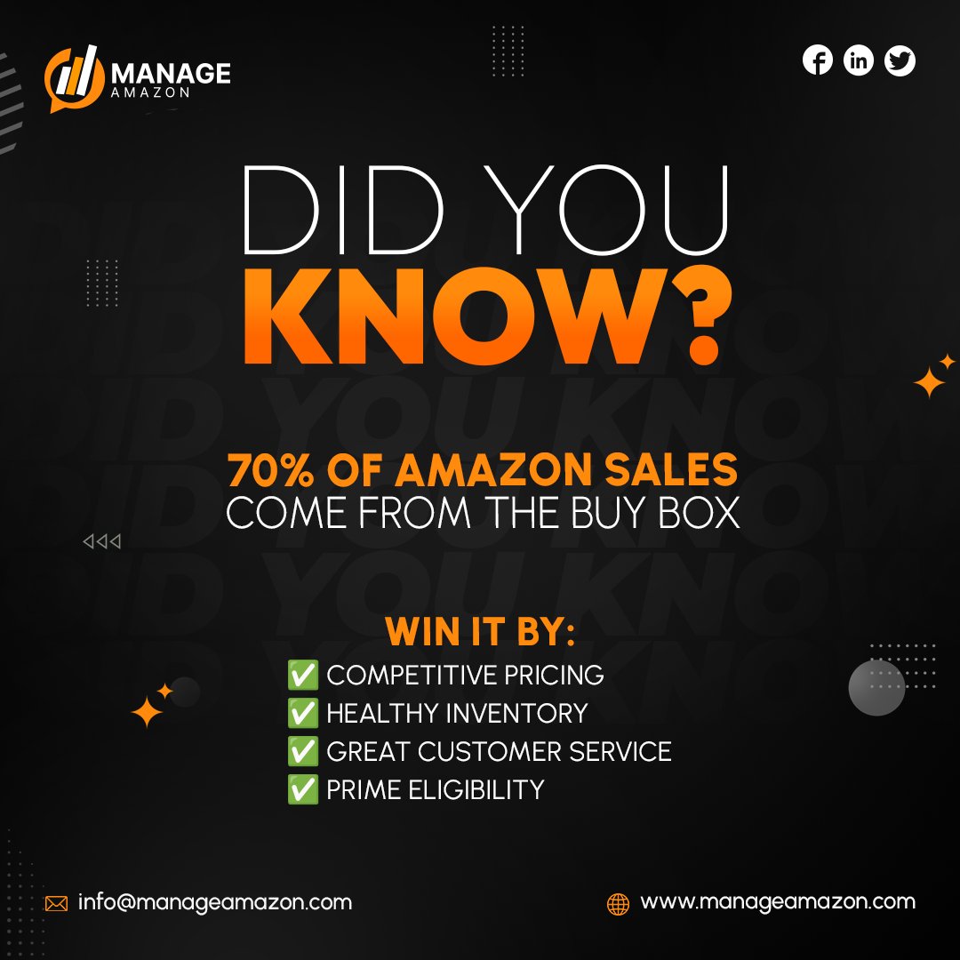 manageamazon's tweet image. Did you know 70% of Amazon sales come from the Buy Box? Winning it means competitive pricing, healthy inventory, great service &amp;amp; Prime eligibility. Need help scaling? Manage Amazon has you covered manageamazon.com #AmazonFBA #BuyBox #Amazonseller #Amazon #Ecommerce