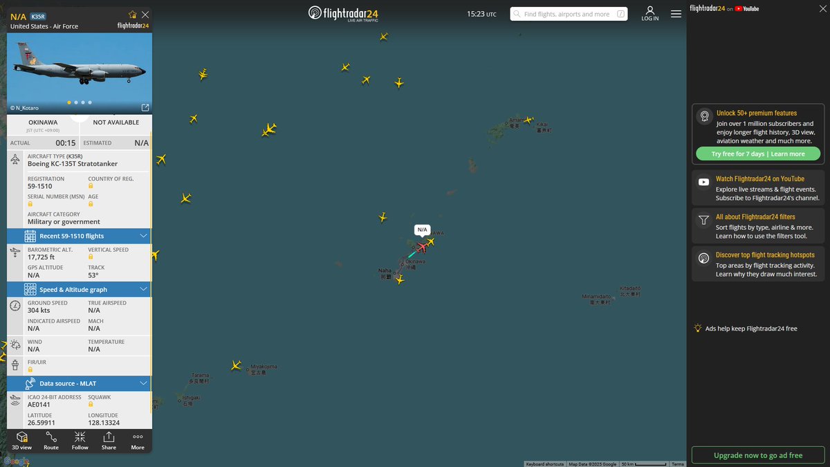 AIYeyENGDdJkjTr's tweet photo. Oct. 8, 2025
#Okinawa Kadena Air Base ==> #South Korea #West Sea

#NoCALLSIGN #AE67A3 USN P-8A Poseidon

Refueling
#NoCALLSIGN #AE0141 USAF KC-135T Stratotanker https://t.co/f7dIndAsoi