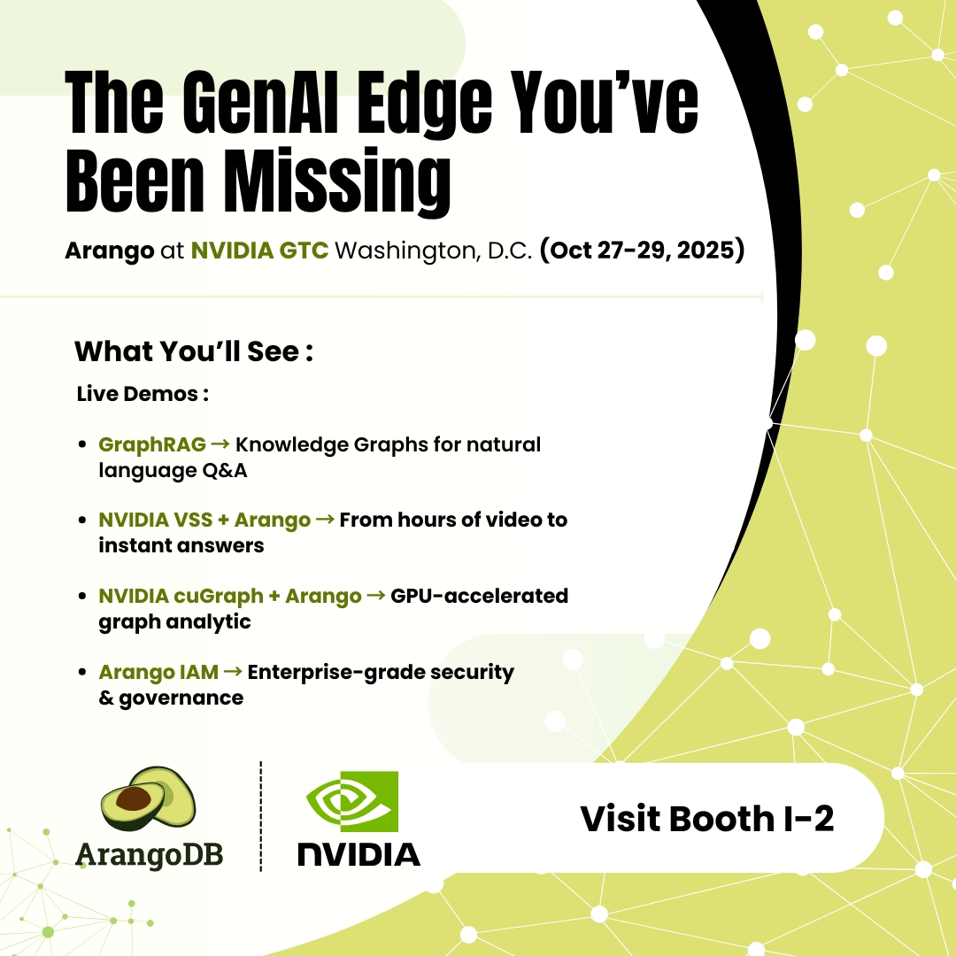fceller's tweet image. Arango is bringing The GenAI Edge You’ve Been Missing to #NVIDIAGTC DC!

📍 Booth I-2 | Oct 27–29, 2025
 ✅ GPU graph analytics
 ✅ NVIDIA VSS + Arango
 ✅ GraphRAG Q&amp;amp;A
 ✅ Enterprise IAM

For more details, click here - [okt.to/pqLFE6]

#GenAI #AIatScale #ArangoDB