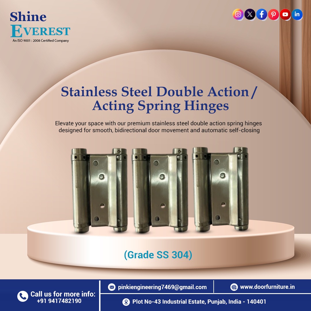 pinkieng25's tweet image. Upgrade your door systems with Stainless Steel Double Action / Acting Spring Hinges (Grade SS 304) by Shine Everest!
✅ Smooth bidirectional movement
✅ Automatic self-closing
✅ Durable SS 304 build
Perfect for commercial &amp;amp; industrial projects!
#DoorHardware #SpringHinges