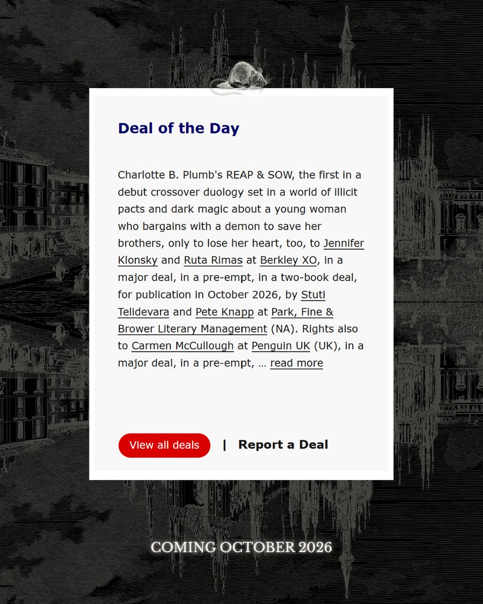 It's Publishers Marketplace Official—plus Deal of the Day?? What a birthday present! 🤯 I'm so honoured to work with these amazing publishers from across the world; I'll stop pinching myself at some point. 

Huge thanks for the outpour of love since my announcement yesterday! ♥️