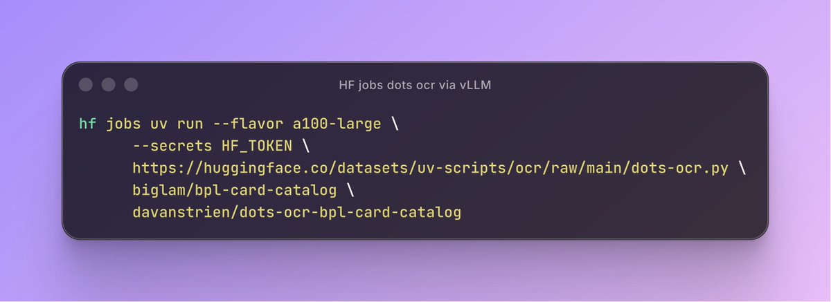 vanstriendaniel's tweet image. DoTS.ocr from @xiaohongshu just got native @vllm_project support!

I built a UV script so you can run SOTA multilingual OCR in seconds with zero setup using @huggingface Jobs  

Tested on 1800s library cards - works great ✨