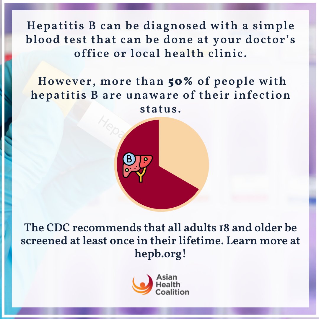 CAHE_AHC's tweet image. Hepatitis B is easy to detect with a simple blood test- but over 50% of people don’t know they are infected. The CDC recommends all adults 18+ get screened at least once. Learn more at hepb.org! #HepatitisB #GetTested