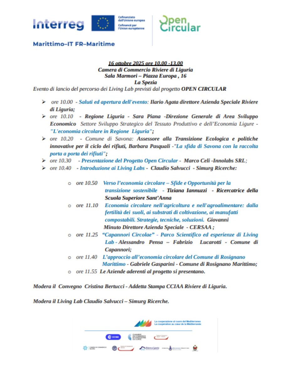 CCIAARIVLIG's tweet image. 16.10 evento di lancio del progetto di cooperazione transfrontaliera #OPENCIRCULAR
16 ottobre 2025 @CCIAARIVLIG sede La Spezia
ℹ️⏩rivlig.camcom.gov.it/eventi/la-spez…
#Innovazione #EconomiaCircolare #cciaarivlig 
@CCIduVar 
@CciCorse @asRivLig @pc_maritime
