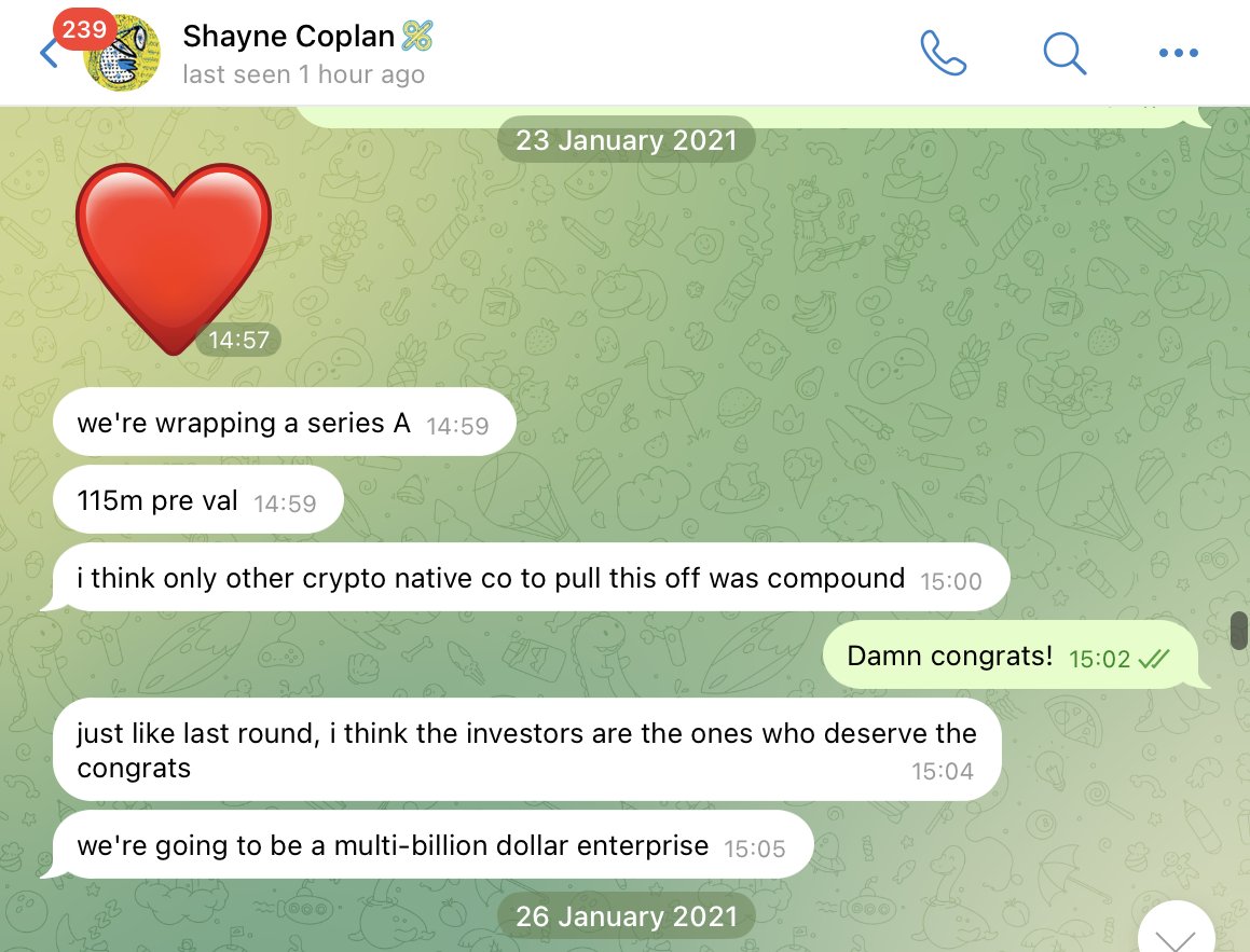 One of my biggest regrets is not having thought to ask <a href="/shayne_coplan/">Shayne Coplan 🦅</a> if I could get a personal angel allocation back in 2021, when we were chatting frequently for the $USDC integration.

Shayne said <a href="/Polymarket/">Polymarket</a> was going to be a multi-billion-dollar enterprise. He was right. I
