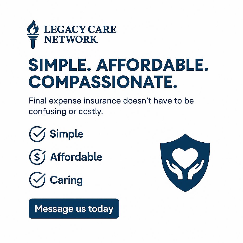 lagacynetwork's tweet image. Simple. Affordable. Compassionate.

Final expense insurance doesn’t have to be confusing or costly.

At Legacy Care Network, we make it simple, affordable, and compassionate.

#LegacyCareNetwork #SimpleCoverage #AffordablePeace #CompassionateCare