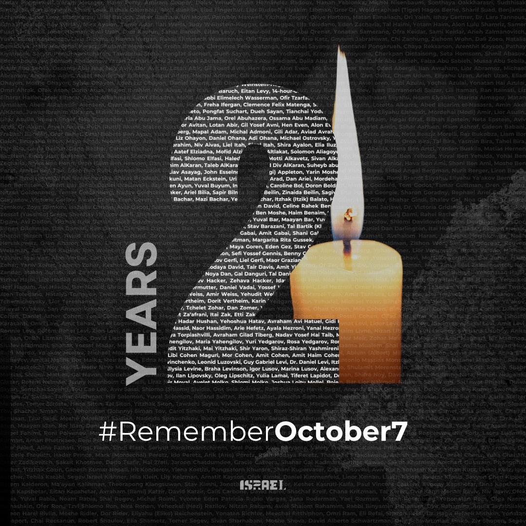 Two years since October 7, 2023.
Hamas terrorists murdered over 1,200 people — men, women, children, even Holocaust survivors — and took 251 hostages.
48 remain in Gaza today, some alive, some murdered and still held.
May their memory be blessed, and may they all come home. 🕯️
