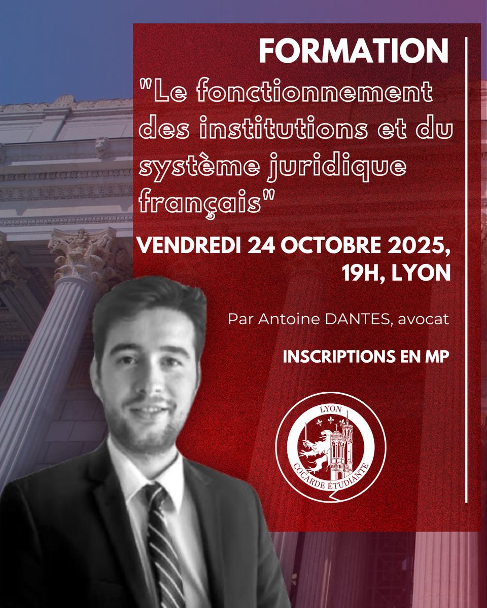 🗓️Nous avons l'honneur de recevoir l'avocat Antoine Dantes pour une formation sur le fonctionnement des institutions et du système juridique français. Nous vous y convions vendredi 24 octobre à 19h.
Infos et réservations en MP