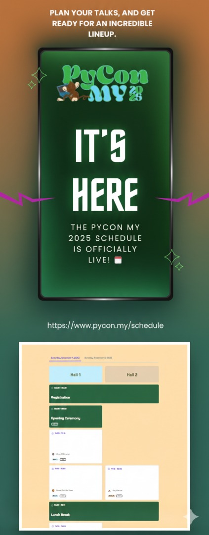 IT'S HERE! 🚀 The PyCon MY 2025 schedule is officially LIVE! 🗓️
Plan your talks, pick your tracks, and get ready for an incredible lineup.

🔗 View the schedule: pycon.my/schedule
#PyConMY2025 #Python