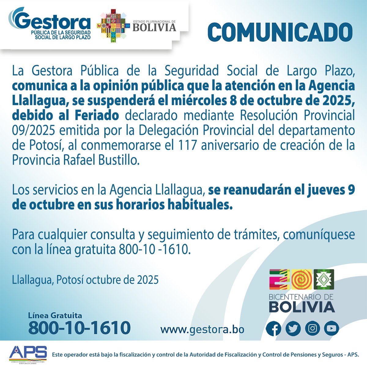 Atención a los pobladores del municipio de Llallagua, los servicios de la Gestora en su Agencia Llallagua se suspenderán este miércoles por conmemorarse el 117 aniversario de creación de la Provincia Rafael Bustillo. 
#FelicidadesProvinciaRafaelBustillo