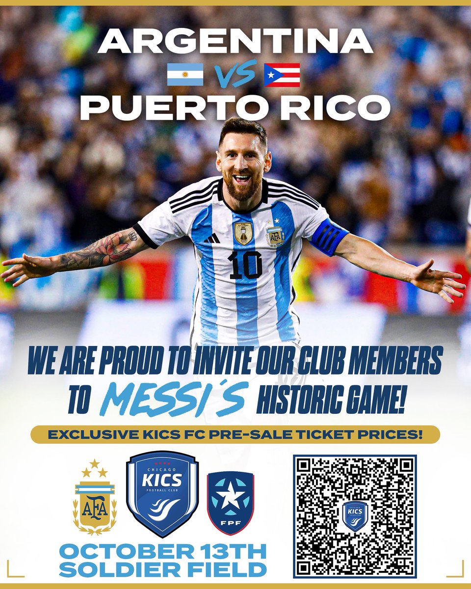 KICS players, families, and friends can purchase exclusive discounted tickets to see the reigning World Cup champions Argentina and Lionel Messi take on Puerto Rico at Soldier Field on Sunday, October 13th — the first-ever matchup between these two nations!