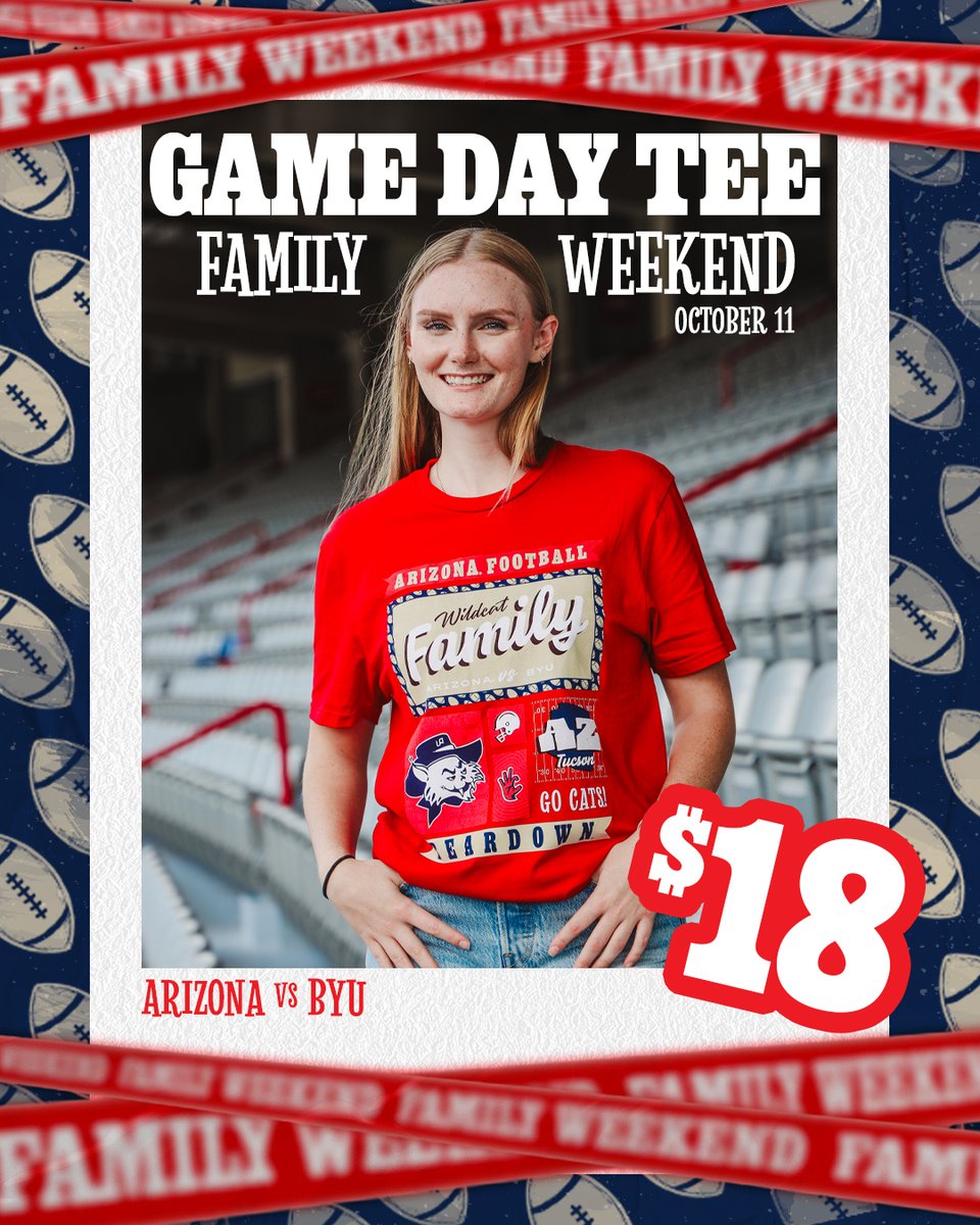 uacampusstore's tweet image. This one’s for the Wildcat fam ❤️💙

Rep Arizona pride all weekend long with the official Family Weekend Game Day Tee — just $18! Shop here: bit.ly/48Rnl0Q

🏈 Arizona vs. BYU | Oct. 11
👩‍🎨 Designed by @emj373

#FamilyWeekend #BearDown #ArizonaFootball
