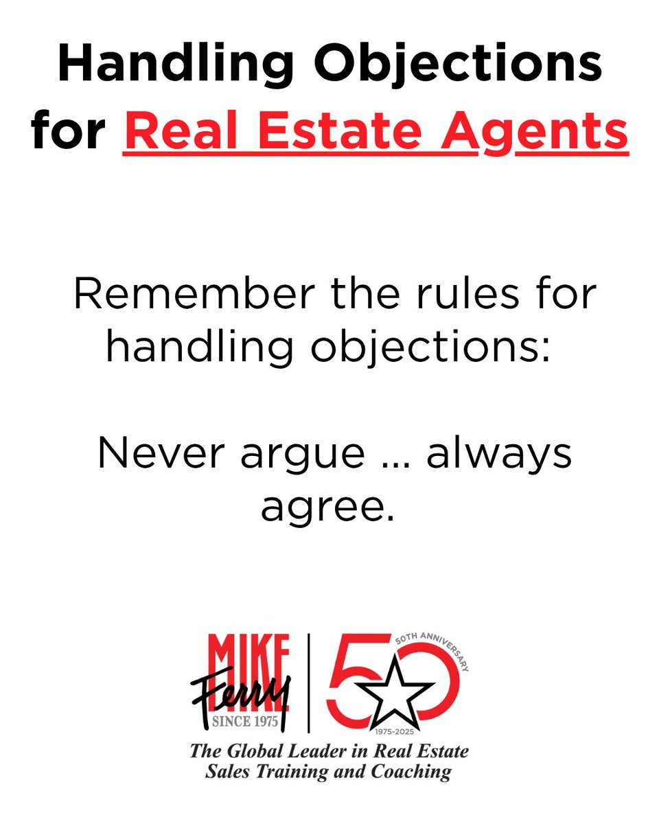 MikeFerryOrg's tweet image. Always agree with the seller ... so they sign the contract. 

Do you know how to do that well? No ... 

Study the scripts and get more listings. 

#ObjectionHandling #RealEstateScripts #SalesTraining #RealEstateCoach #SellWithConfidence #PresentationSkills #MikeFerryTraining…