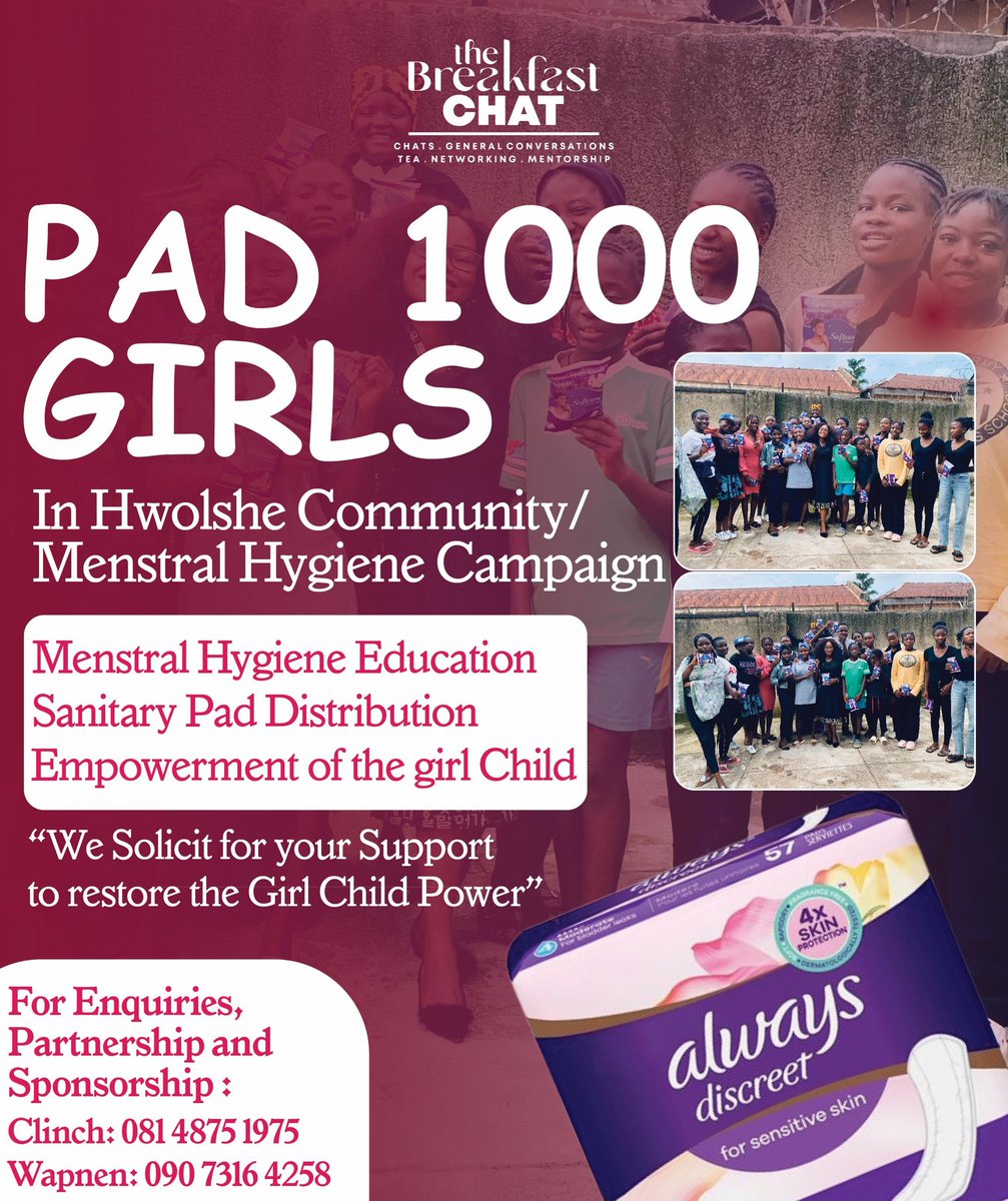 Many girls still miss school because they can’t afford sanitary pads — affecting their health, confidence &amp; future.

Through #TheBreakfastChat’s #PadAGirl Initiative in Hwolshe, we’re ensuring no girl is left behind.

Together, we make a difference — one pad at a time. 

#SDG3