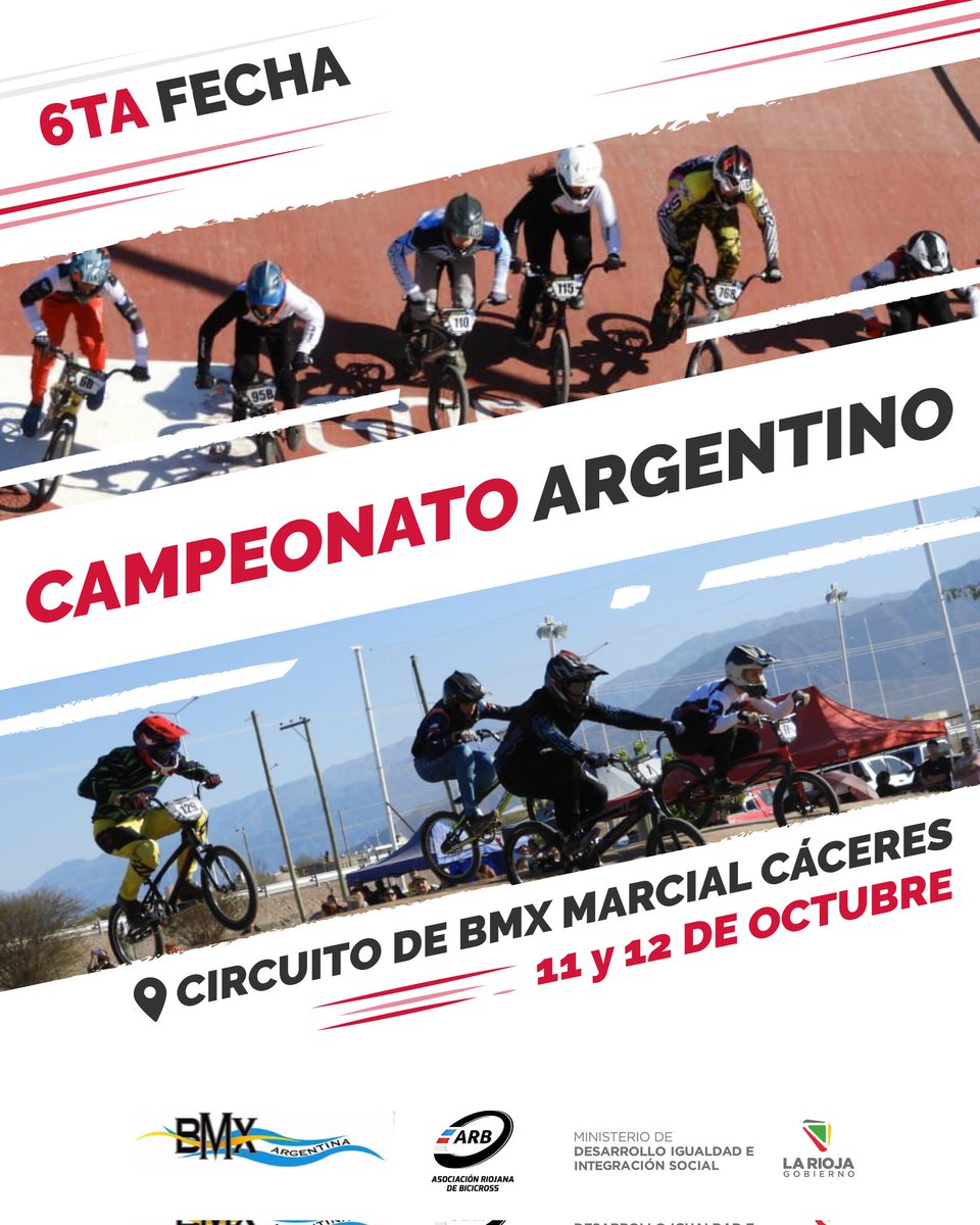 Min. de Desarrollo, Igualdad e Integración Social (@lrdesarrollo) on Twitter photo ¡Prepárate para vivir la 6ta fecha del Campeonato Argentino de BMX! 🇦🇷
Días de pura velocidad, adrenalina y emoción te esperan. ❤️🔥
🗓️ 11 y 12 de Octubre 
🕒 16:00 hs
📍 Circuito de BMX Marcial Cáceres ¡Prepárate para vivir la 6ta fecha del Campeonato Argentino de BMX! 🇦🇷
Días de pura velocidad, adrenalina y emoción te esperan. ❤️🔥
🗓️ 11 y 12 de Octubre 
🕒 16:00 hs
📍 Circuito de BMX Marcial Cáceres