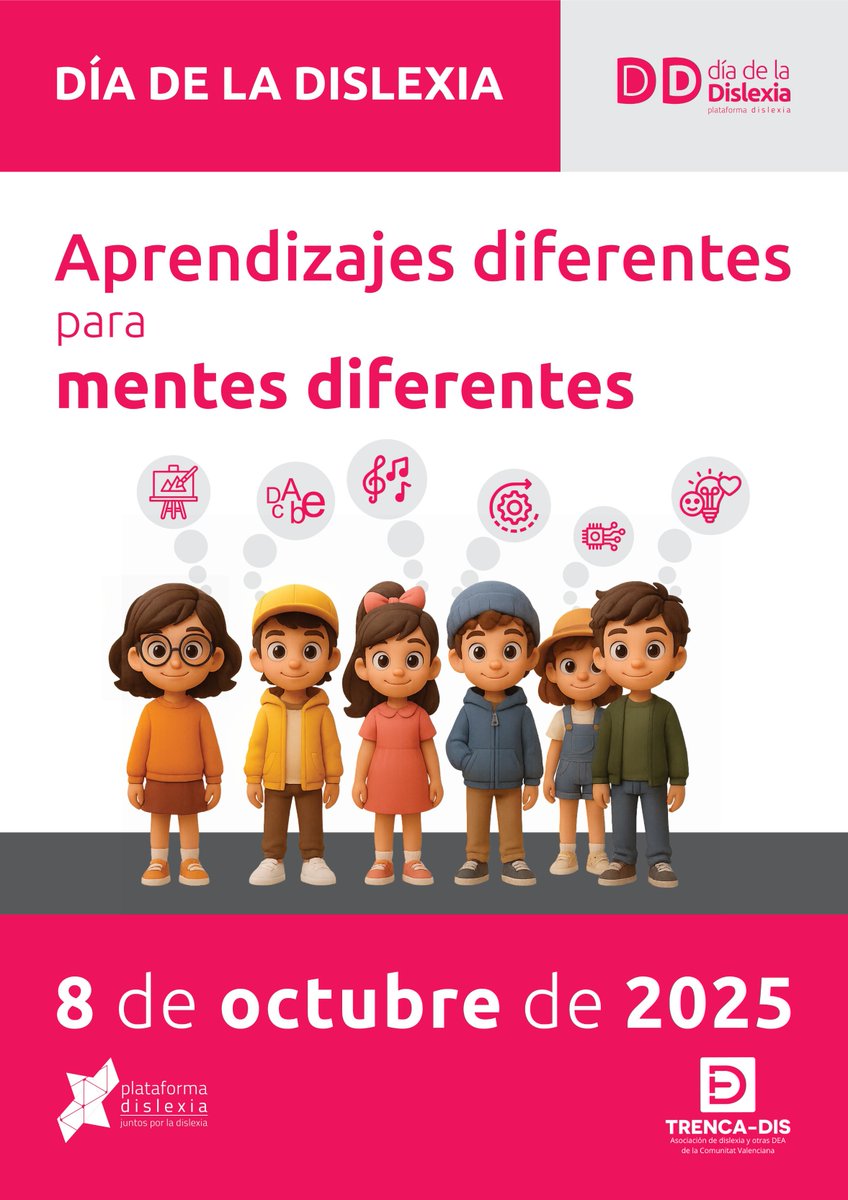 8 de octubre · Día Internacional de la #Dislexia
Aprendizajes diferentes para mentes diferentes. 
🎨🖌️ | 🔠🔤 | 🎵🎶 | ⚙️⚙️ | 🤖🧠 | 💡💜
Somos diversos: cada quien procesa, crea y brilla 🌟 a su manera. Con miradas que acompañan y apoyos adecuados, el talento florece.
Súmate y