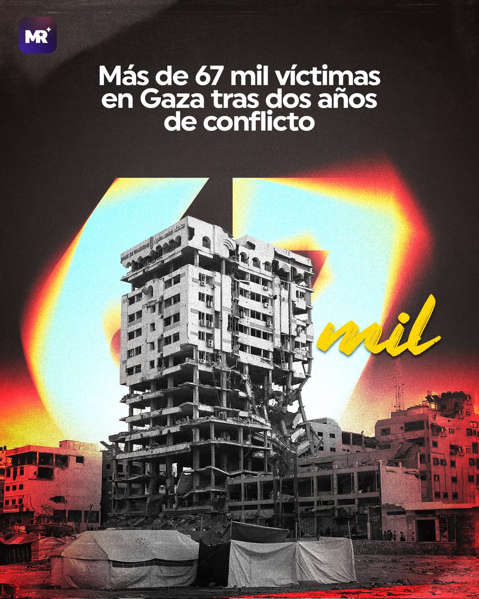 RManifiesto's tweet image. 🇵🇸 A dos años del inicio de la guerra en Gaza, más de 67 mil palestinos han muerto 💔. Israel mantiene sus ofensivas pese a denuncias de crímenes de guerra ⚠️. El mundo exige un alto al fuego, ayuda humanitaria y justicia 🕊️🌍. #Gaza #Paz #AltoAlFuego