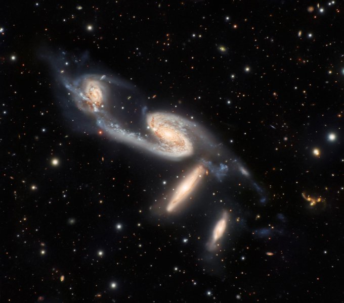 NGC 6845 (Klemola 30, IRAS 19573-4712) is an interacting galaxy system 293 million light-years away in Telescopium, discovered July 7, 1834, by John Herschel. Similar to Stephan’s Quintet, it comprises four galaxies: PGC 63978 (NGC 6845D, lenticular), PGC 63979 (NGC 6845C,