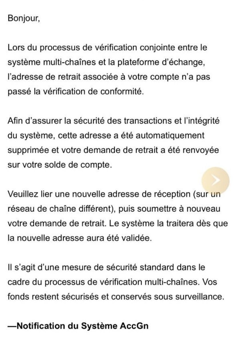 D_Damien's tweet photo. ⚠️ Attention 
ACCGN bloque les retraits
Certains utilisateurs auraient reçu ce genre de mail au moment de la demande de retrait.
🚫 Évitez tout dépôt si vous êtes concerné

Certains d'entre vous avez mis de l'argent dans ce scam ?
#ponzi #SCAM #ScamAlert https://t.co/tyQNDsx29u